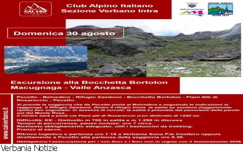 Verbania
Escursione con il CAI alla Bocchetta Bortolon Verbania
Escursione con il CAI alla Bocchetta Bortolon
